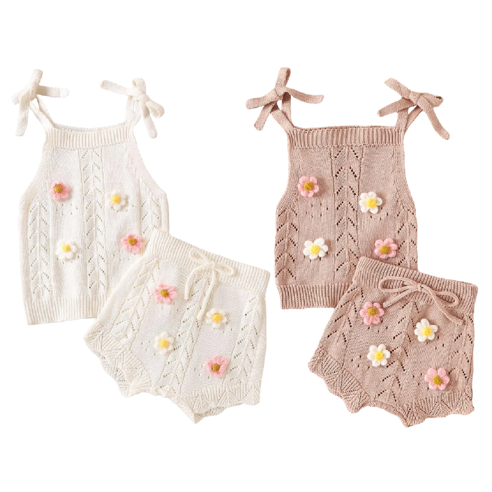 Infant Toddler Baby Girls Outfit Knit Tie-up Flowers Vest Tops Camisole with Elastic Waistband Shorts Set for Daily Casual Wear