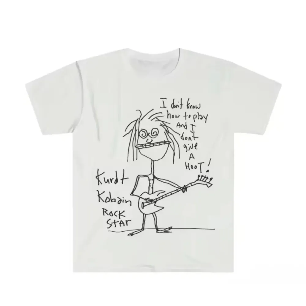 Kurt Cobain Doodle Guitar Sketch T-Shirt Men Women Vintage Grunge Rock Print Casual Streetwear Rock Fan Short Sleeve Retro Tops