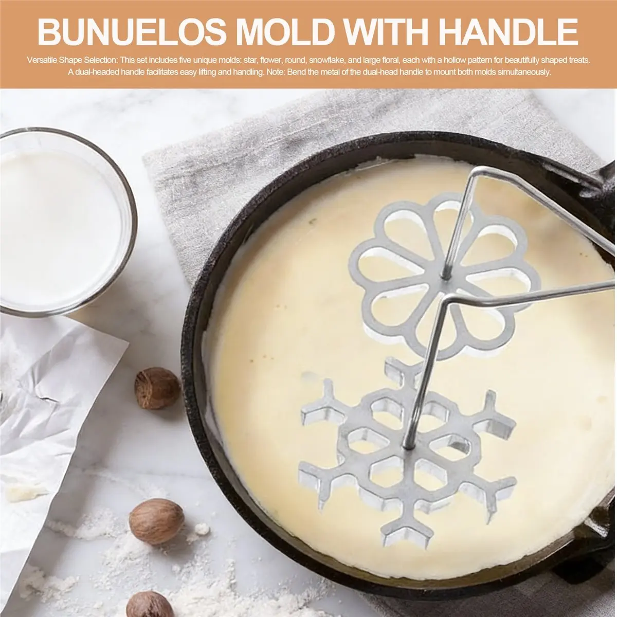 fitfit Juego de 6 moldes de hierro con forma de roseta y mango de doble cabezal, moldes para buñuelos, herramienta de moldeado para galletas, waffles, pasteles y bizcochos