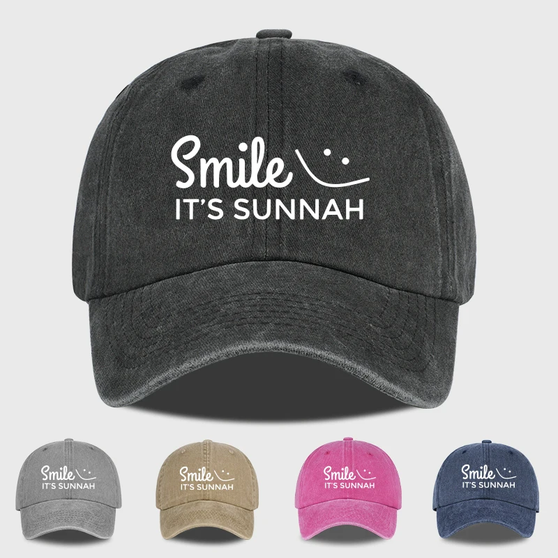 “Smile IT'S SUNNAH” Text Smiley Face Decorated Print Washed 
