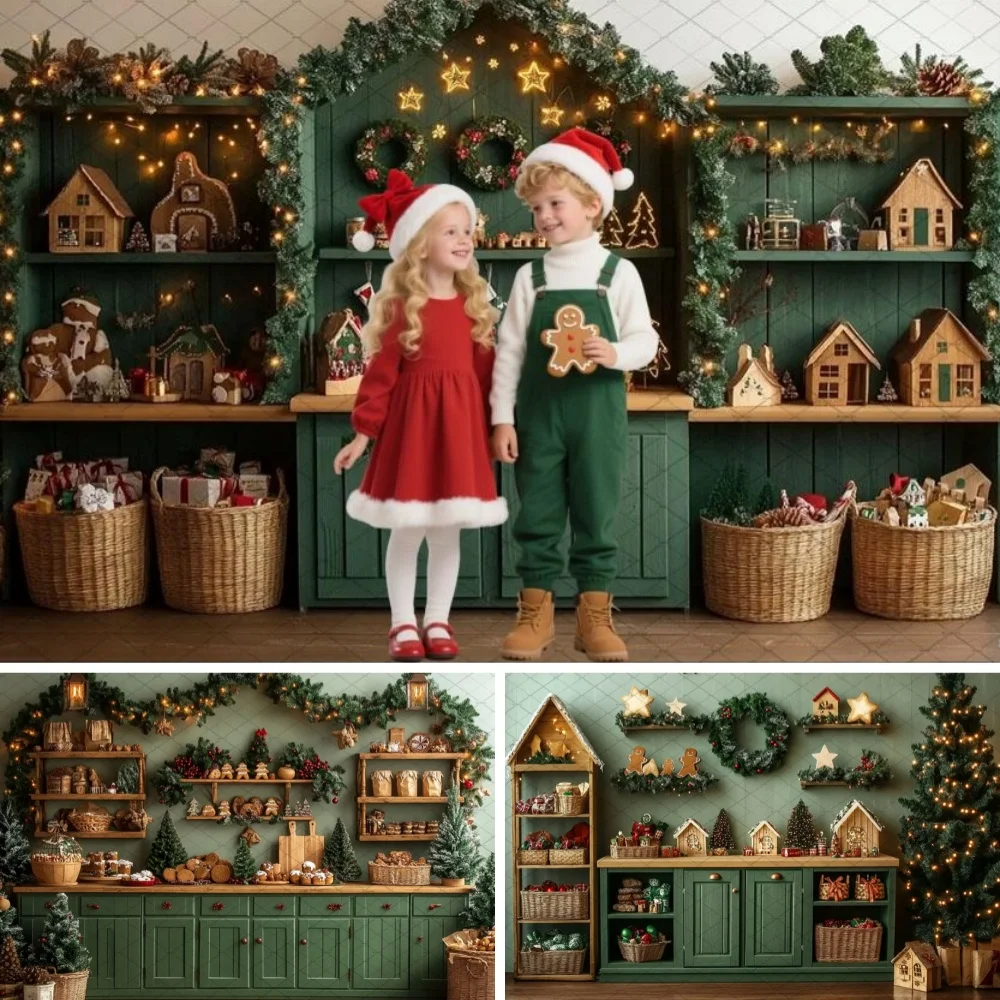 

Green Christmas Kitchen Photography Background Gingerbread House Cabinet Wreath Backdrop Winter Kid Family Portrait Photo Studio