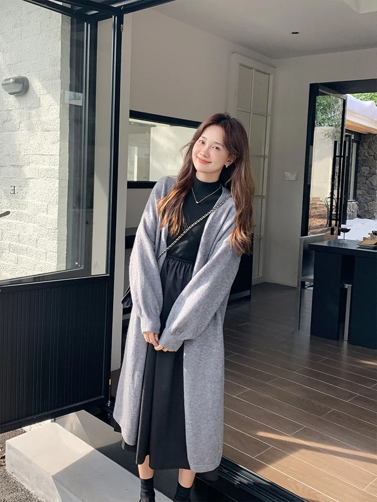 여성용 엘리 롱 아우터웨어 탑과 드 투피스 세트 가을 겨울 고급스러운 느낌 슬림핏 가운 패셔너블 앙상블