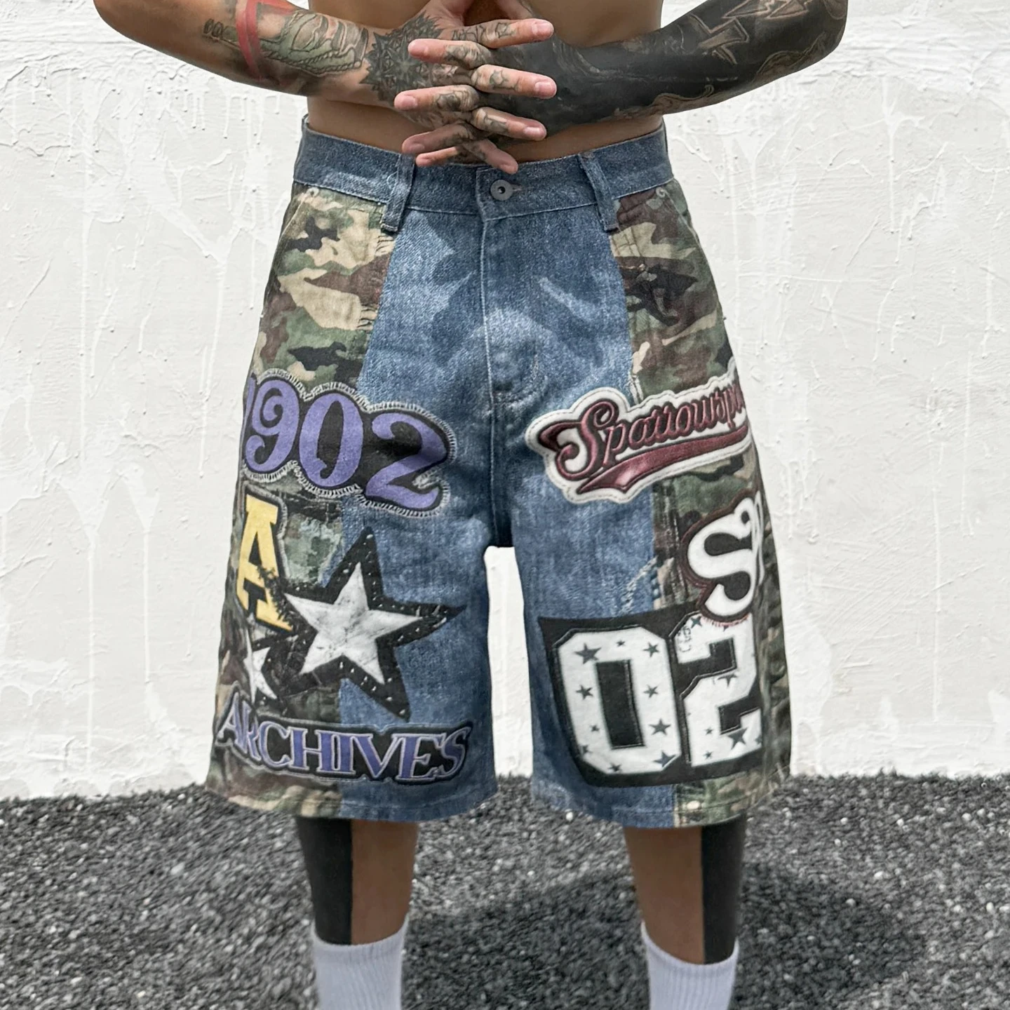 American Retro Street Camouflage Letter Embroidery Loose Fit Five Men Streetwear Short Pants Cotton Denim Patchwork Women Shorts