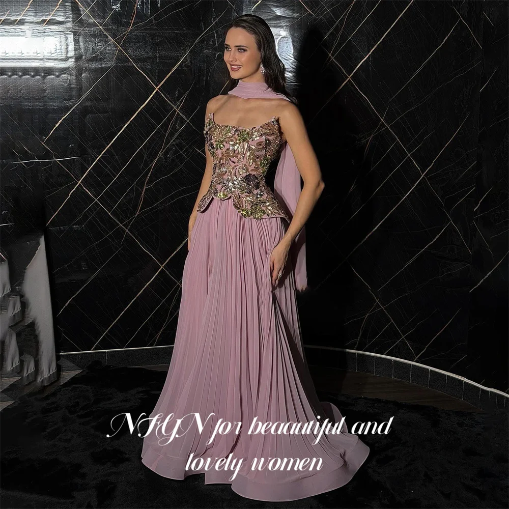 NFYN Dusty Mauve A‑Line Prom Dress Strapless Sweetheart Sequin Floral Lace Evening Dress Pleated Chiffon Party Dress Customized