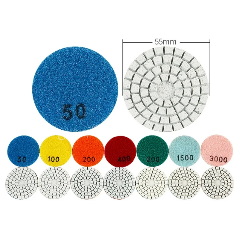 

7 шт., 2 дюйма, 55 мм, алмазные полировальные подушечки, набор влажных и сухих шлифовальных дисков для камня, нефрита, мрамора, гранита, бетона, угловой шлифовальный станок 50-3000 г