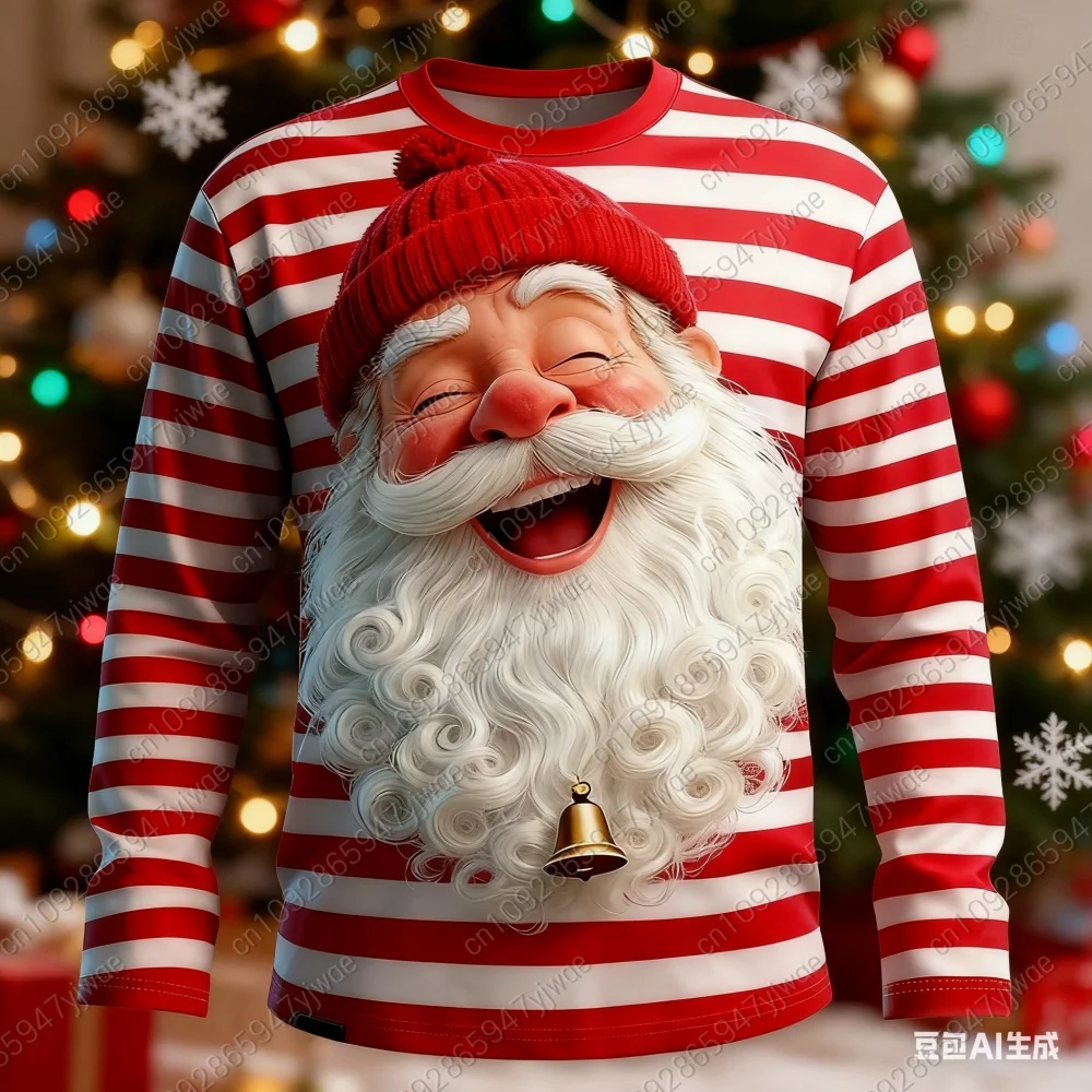 

2025 wimter Christmas Men's Santa Claus Funny T Shirt Long Sleeve T shirt adult 3D Print Crew Neck Shirts Fashion Basic t-shirt