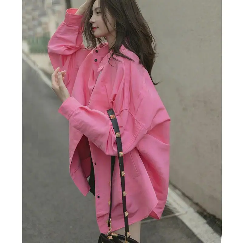 Pink Long Sleeve Loose Shirt Tops Spring New Plus Size Solid Color Simplicity Blouses Korean Style Fashion Women Clothing