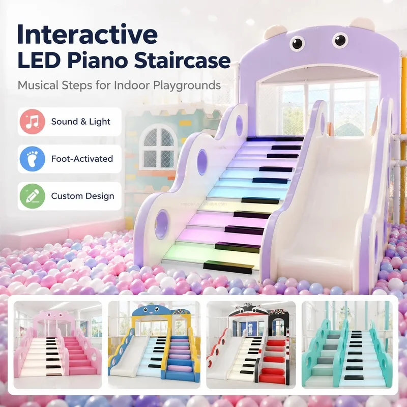 Interactive LED Step Staircase Musical Piano Slide Indoor Sensory Playground Equipment with Sound-Activated Light Foot-Activated