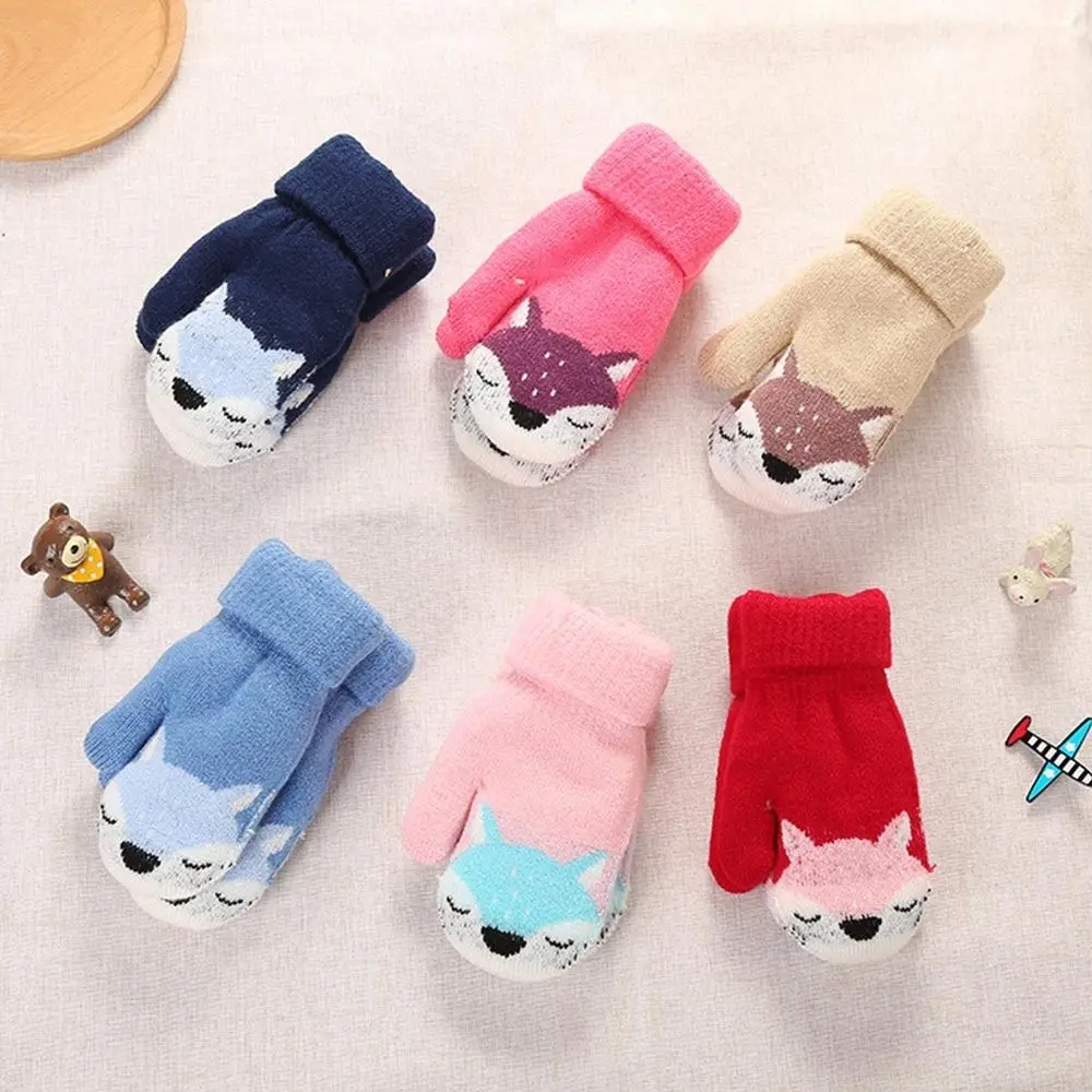 Children's Gloves Winter Cartoon Fox Thicken Plus Velvet Halter Gloves For Kids Toddler Outdoor Keep Warm Knitted Mittens
