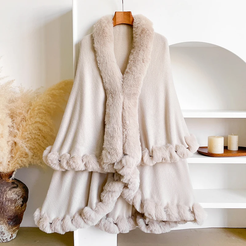 Neuer Winter-Umhang aus verdickter Nerzwolle mit vollen Borten, Kunstpelz-Umhang – Damen-Umhang mit Kapuze, lockerer Fleece-Umhang, Mantel, Partykleid, warm – Detail 2