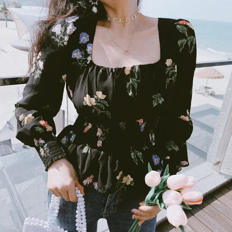 Women Spring Summer New Square Collar Chiffon Pullover Retro Trendy Printing Cinched in the Waist Look Thinner Long Sleeve Tops