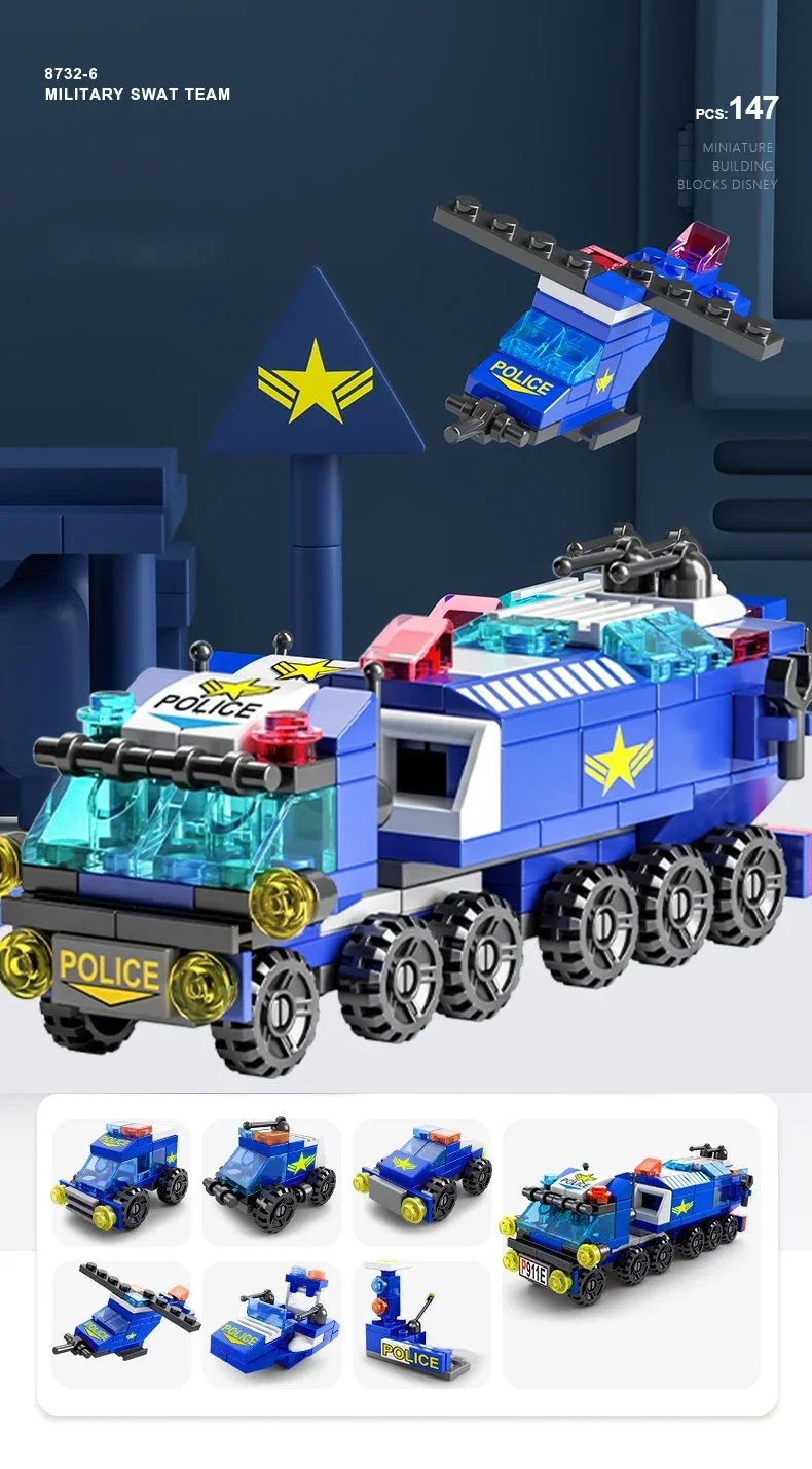 Mini-Bausteine, 6-in-1, DIY-Polizeiauto, Feuerwehrauto, Schloss, Modellsteine, Kinder, Lernspielzeug, Geschenke – Detail 1