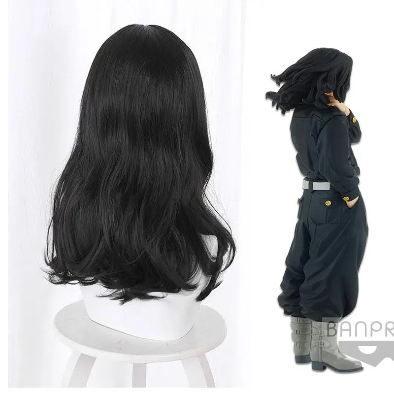 شعر مستعار طوكيو أفنجرز كيسوكي كايدا أسود متوسط الحجم ومموج قليلاً ومتوسط الطول #4