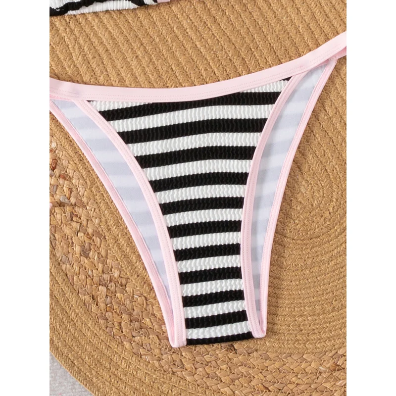 Women's Detachable Cup Mat2Two-Piece Bikini Set Color Block Striped Sexy Triangle Cup Tie Swimwear Set