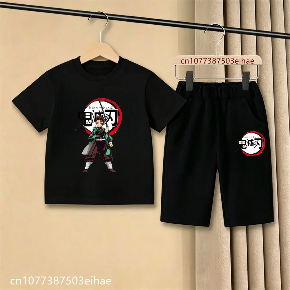 2026 Kids Demon Slayer Anime Comic T-Shirt Casual Shorts Set Ghost Blade Pattern Boys Girls Soft Breathable Summer Daily Outdoor