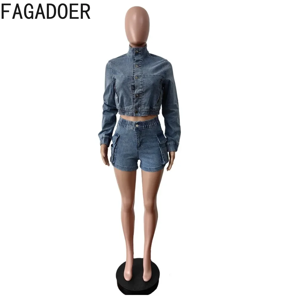 FAGADOER Blue Fashion Denim set di due pezzi donna bottone manica lunga Crop Top e pantaloncini abiti abbigliamento da Cowboy elastico femminile