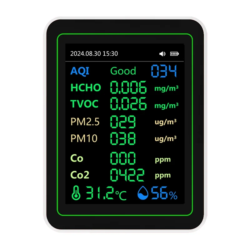 

AC88-12 In 1 Air Quality Tester Temperature/Humidity /Time/CO/CO2/Curve/TVOC/AQI/PM2.5/PM10/Formaldehyde With Bracket
