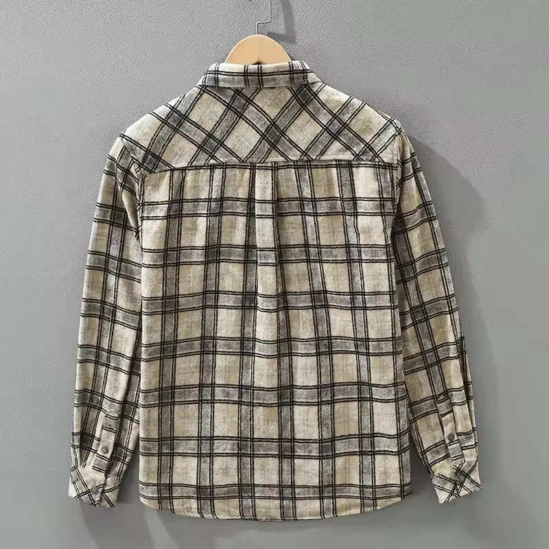 2026 Spring Autumn Winter New Vintage Plaid Loose Thick Brushed Shirt for Men Comfort Cotton Turn-down Collar Male Shirts