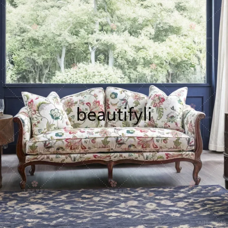 

D06 American retro solid wood fabric living room three-person sofa combination pastoral double sofa chair