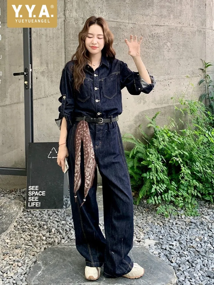 Vintage Casual Women Denim Rompers Spring Autumn Long Sleeve Single Breasted Streetwear High Waist Lady Hip Hop Cargo jumpsuits