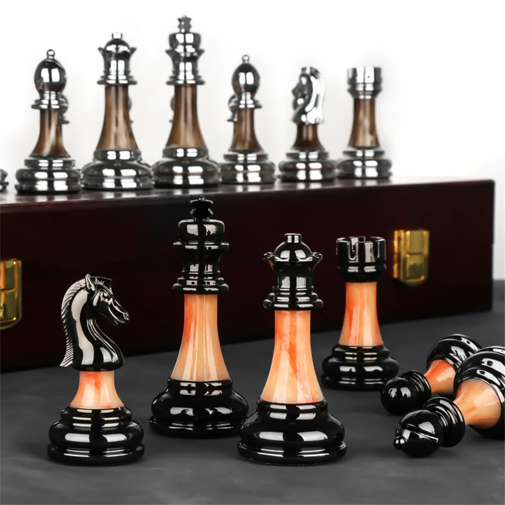 45X45X3cm Luxury Metal Retro European Decoration Sets Wooden Chess Figures Family Classic Solid Folding Checkerboard Professiona