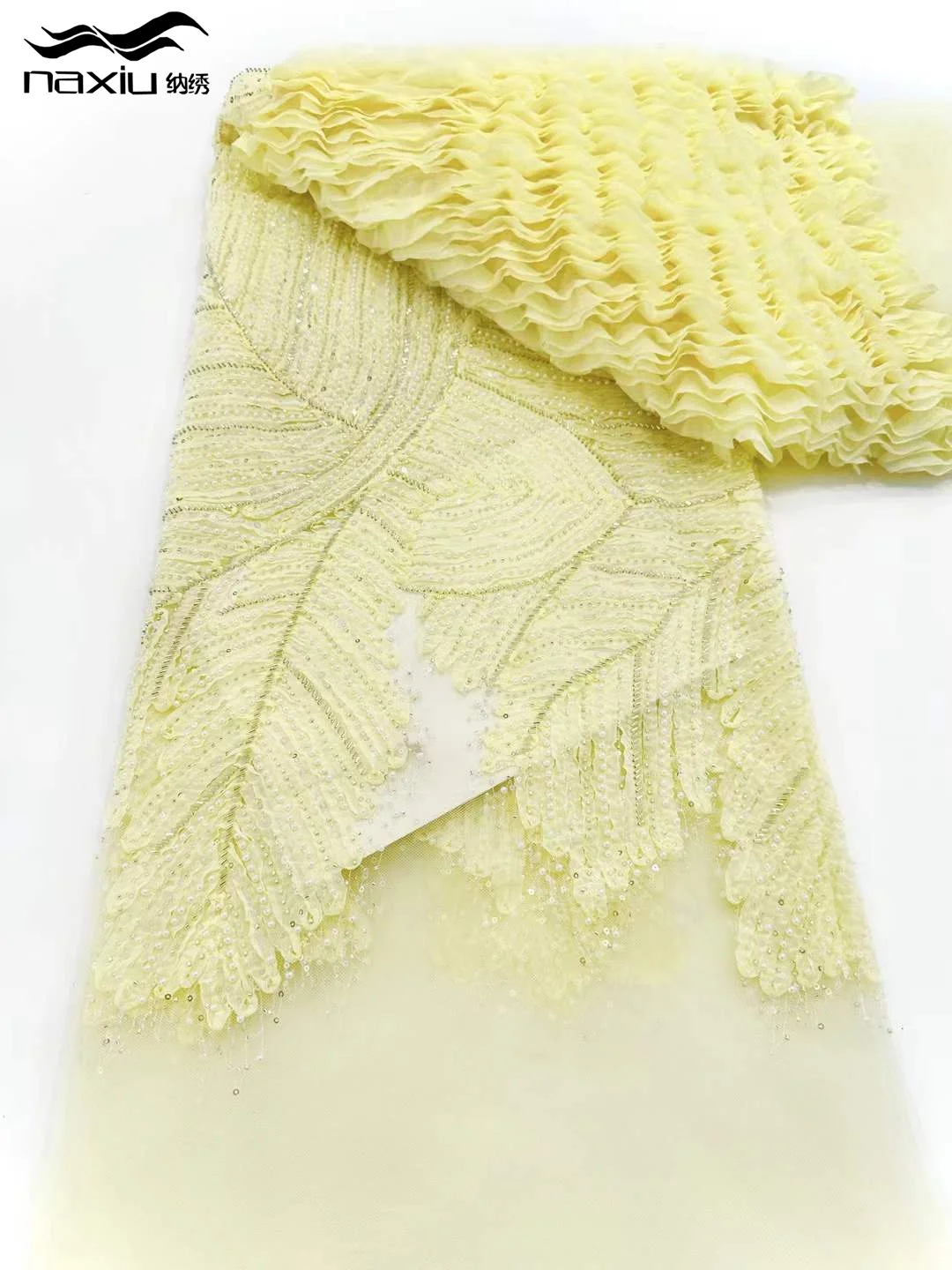 

Madison Yellow Latest African Sequins Lace Fabric High Quality Lace 3D Embroidery Beaded Mesh Fabric For Wedding Party Dress 5Y