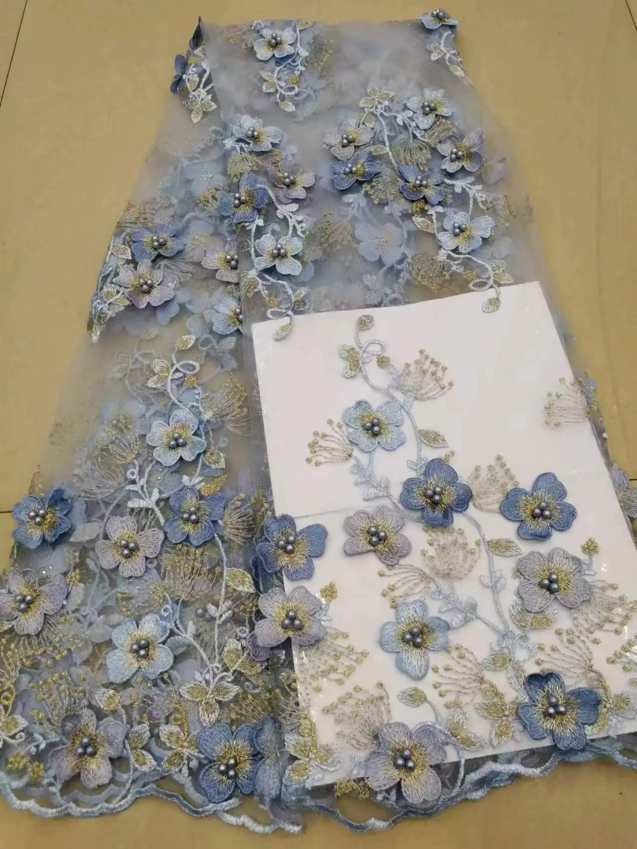 Luxe 3D-bloemen met parels Franse kantstof Hoge kwaliteit kant Netto Afrikaanse kantstof Kralen Kantstoffen voor bruiloft