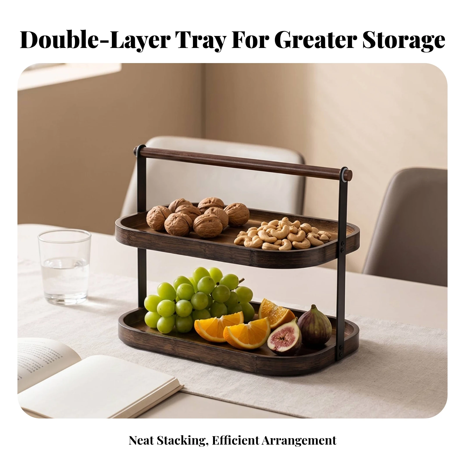 Serving Platter with Handles Metal Frame Handled Bamboo Tray Tabletop Display Easy to Clean Serveware Multifunctional