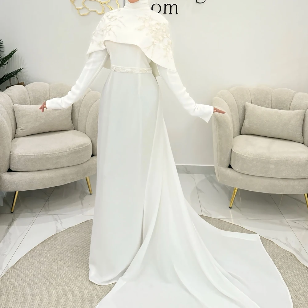 

Вечерние платья русалки по индивидуальному заказу, длиной до пола, с высоким воротом и длинными рукавами, платье для выпускного вечера, модное палантин с цветами, простое драпированное вечернее платье