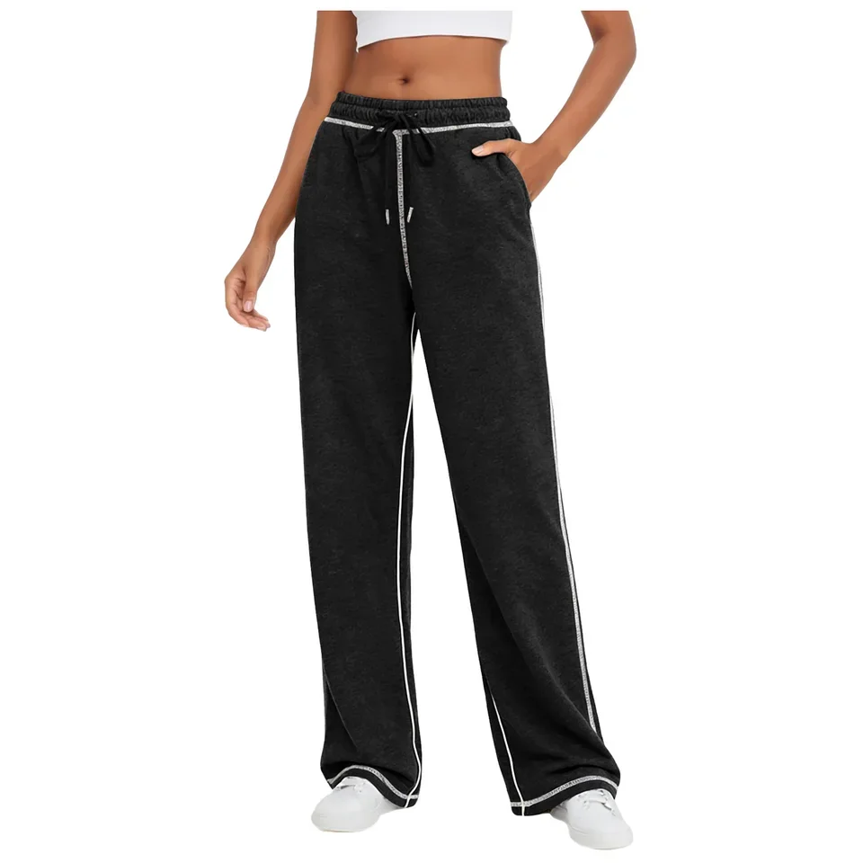 Gym Fitness Sports Pants Womens High Waist Straight Leg Sweatpants Joggers Pants With Pockets Drawstring Casual Trousers