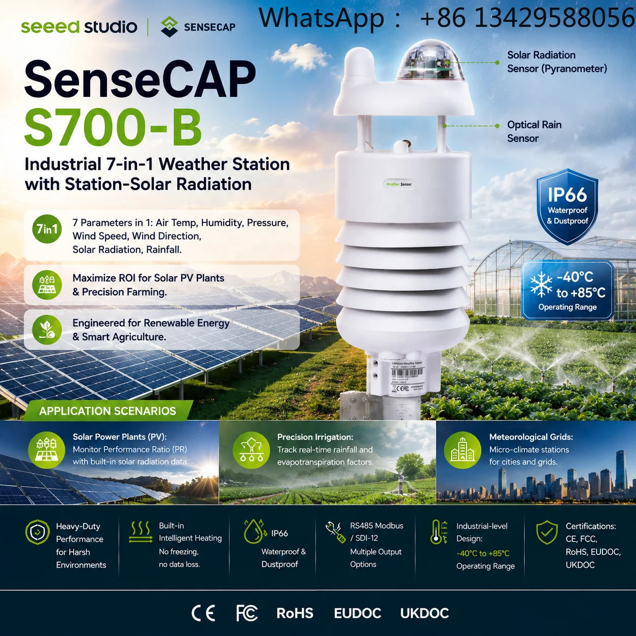 SenseCAP S700-B Industrial 7-in-1 Compact Weather Station,Solar Radiation,Rainfall,PV Solar Power Plants,Smart Agriculture, City