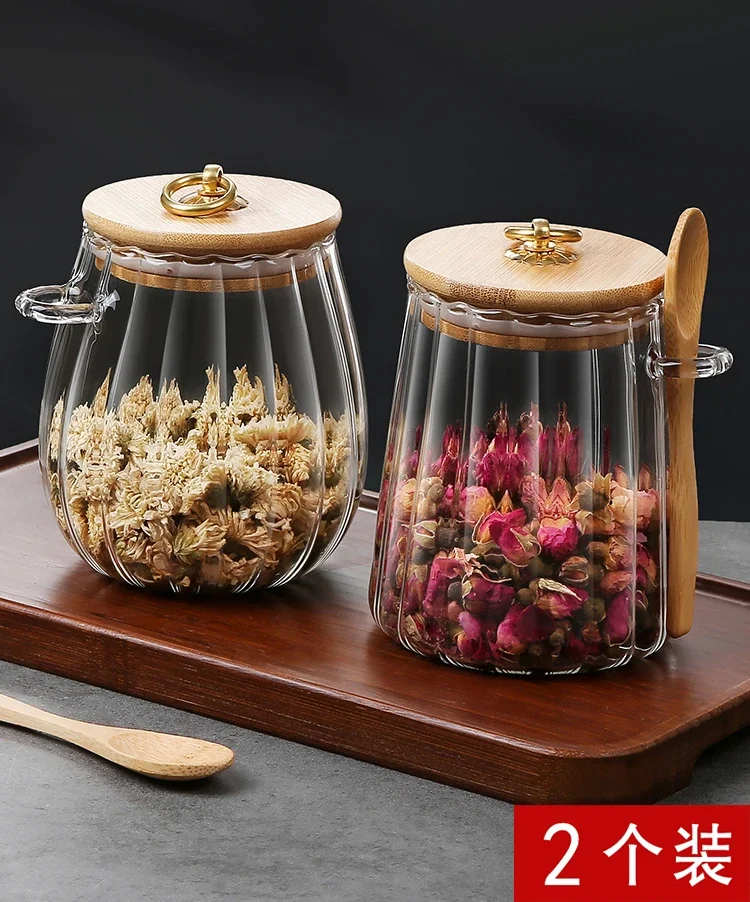 Glass jar with spoon, sealed jar, boutique high-end tea storage jar, storage jar, storage bottle