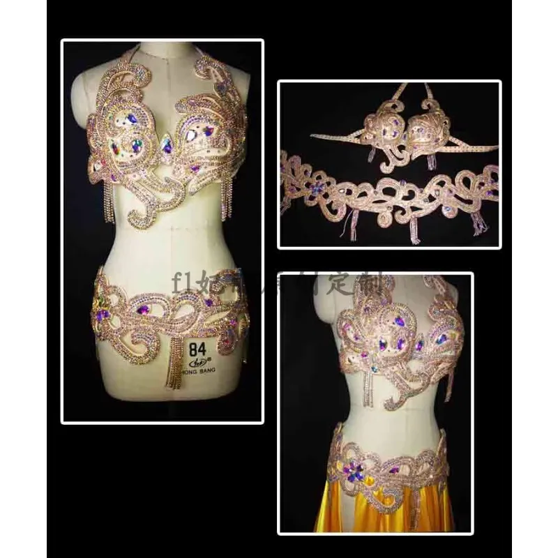 ที่กําหนดเอง Belly Dance เครื่องแต่งกายชุด Bra Hollow เอวเพชร Super Flash Pure Big Swing ชุดกระโปรง
