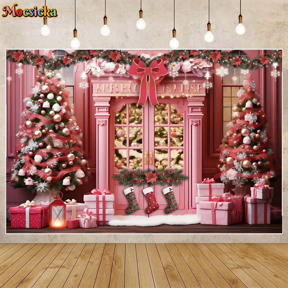 

Mocsicka Christmas Backdrop Pink House Xmas Tree Gifts Box Snowflake Girl Portrait Background Merry Christmas Party Decor Studio