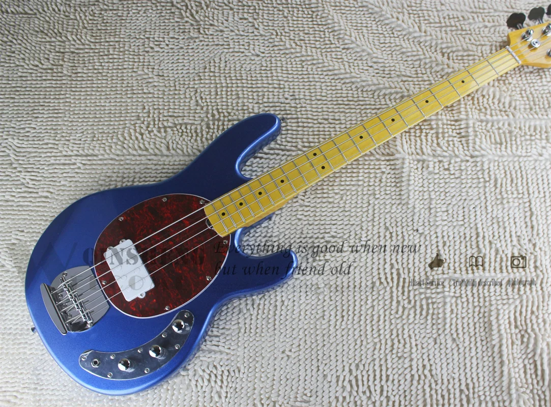 Metal Blue bass 4 Strings Bass Guitar Maple Neck Rosewood Finerboard Active Battery white pickup Red tortoise shell guard