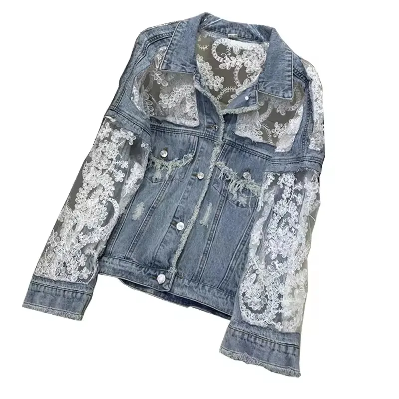 Autumn Streetwear Fashion Embroidery Lace Patchwork Sexy Denim Jacket Women's Wear Tassel Loose Denim Jacket