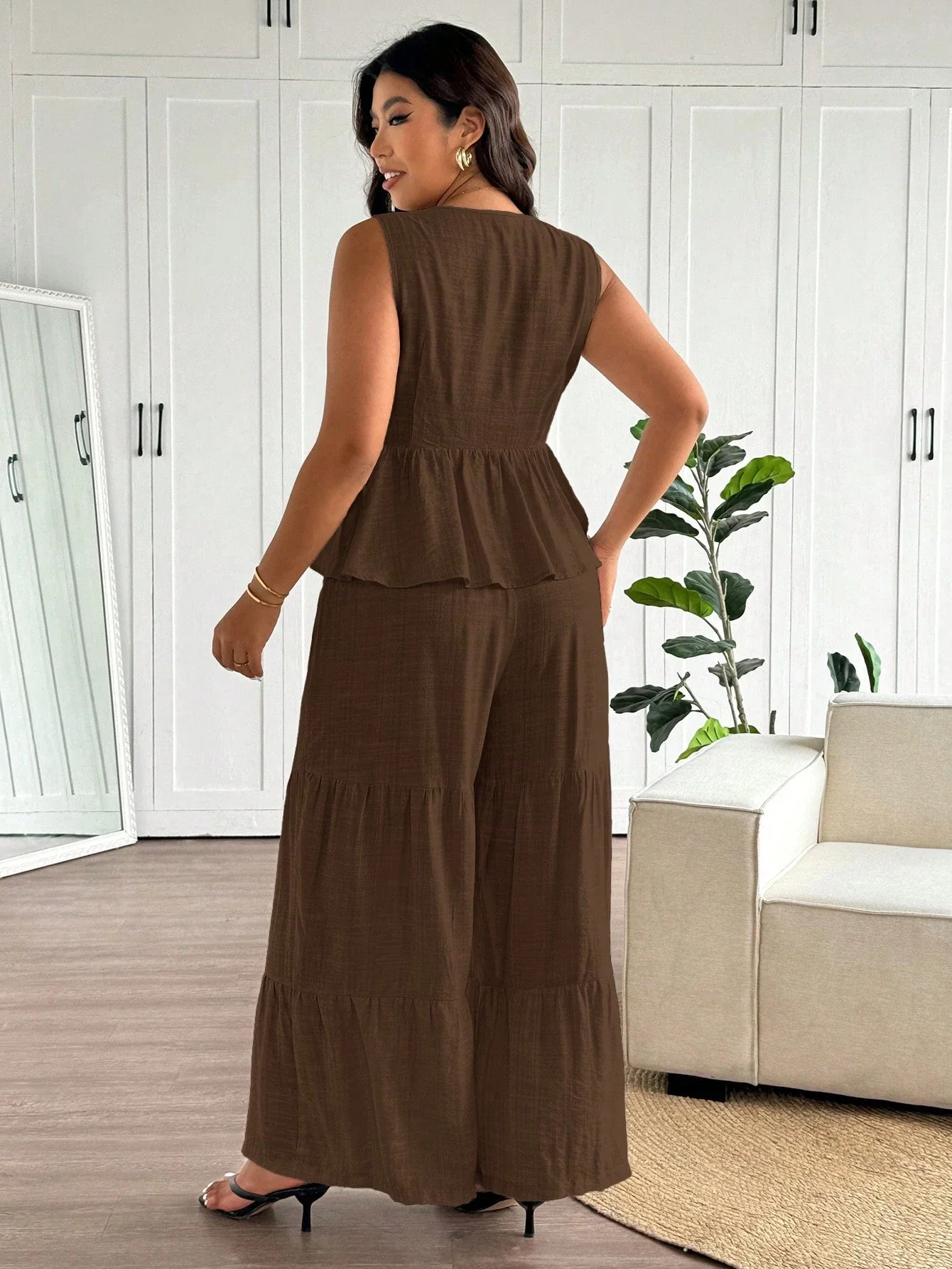 

Casual Layered Ruffle Hem 2 Piece Set Women Blouse And Wide Leg Pants For Spring Summer