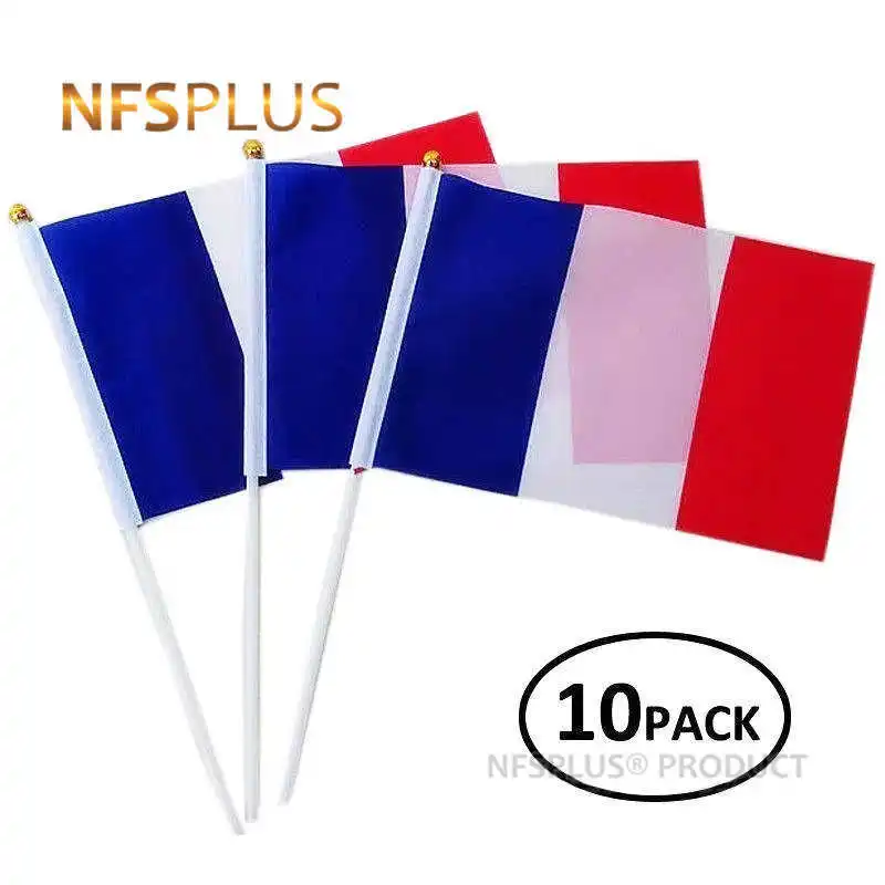 10PCS/LOT Handheld French Flags France 14x21cm Flag Banner 30cm Length Plastic Flagpole For Decoration Celebration Parade Sport