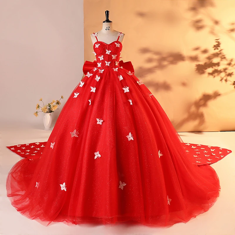 

Red Spaghetti Strap 15 Quinceanera Dress Lace Appliques Beads Big Butterfly Lacing Up Ball Gown Birthday Party Dress Customized