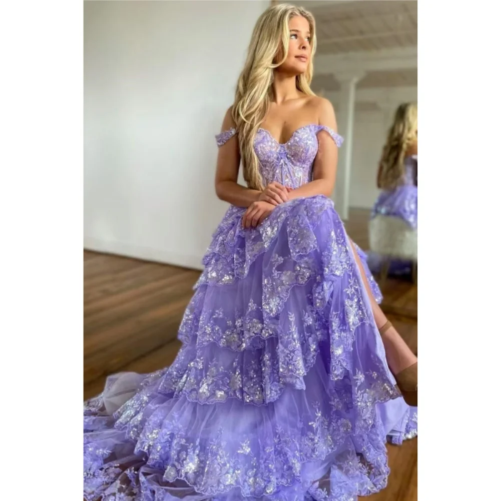 سباركلي المتدرج تول السباغيتي الأشرطة فساتين لحضور الحفلات الموسيقية الدانتيل زين فستان طويل الأميرة مشد رسمي رداء حفلات السهرة مع شق