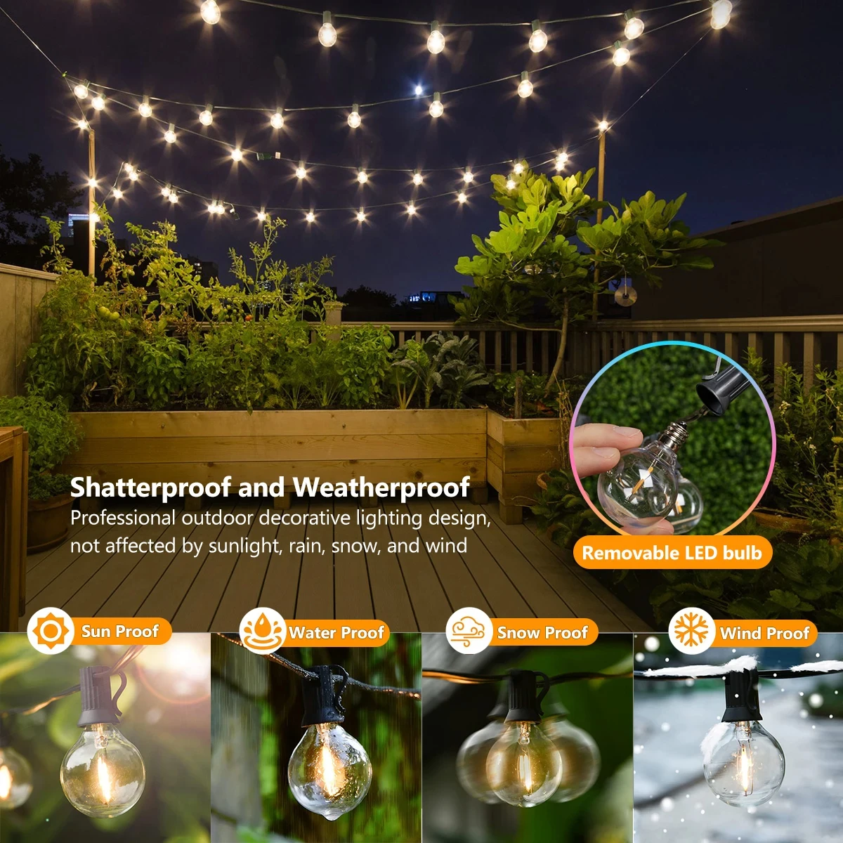 G40 LED Ball String Lights Outdoor Waterproof Garden String Lights nietłukące na Christmas Party Street Patio Backyard Decor