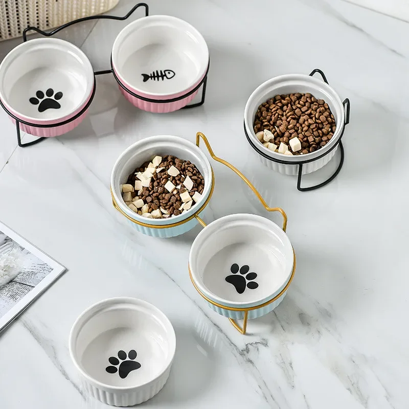 

Cat Dog Feeders Pet Bowls Double Ceramic Bowls Iron Frame Anti-slip Protection Pet Feeding Drinking Bowls Water Food Dishes