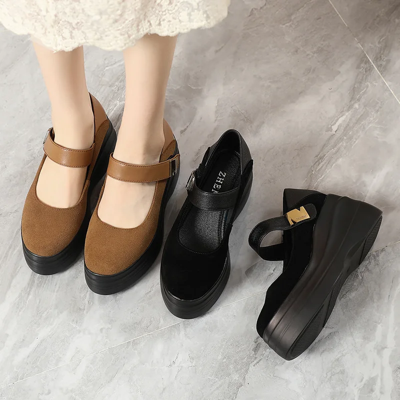 GKTINOO Cow Suede Leather Female Thick Sole Wedges Shoes Women High Heel Shoes 2024 Autumn Ladies Casual Platform Shoes