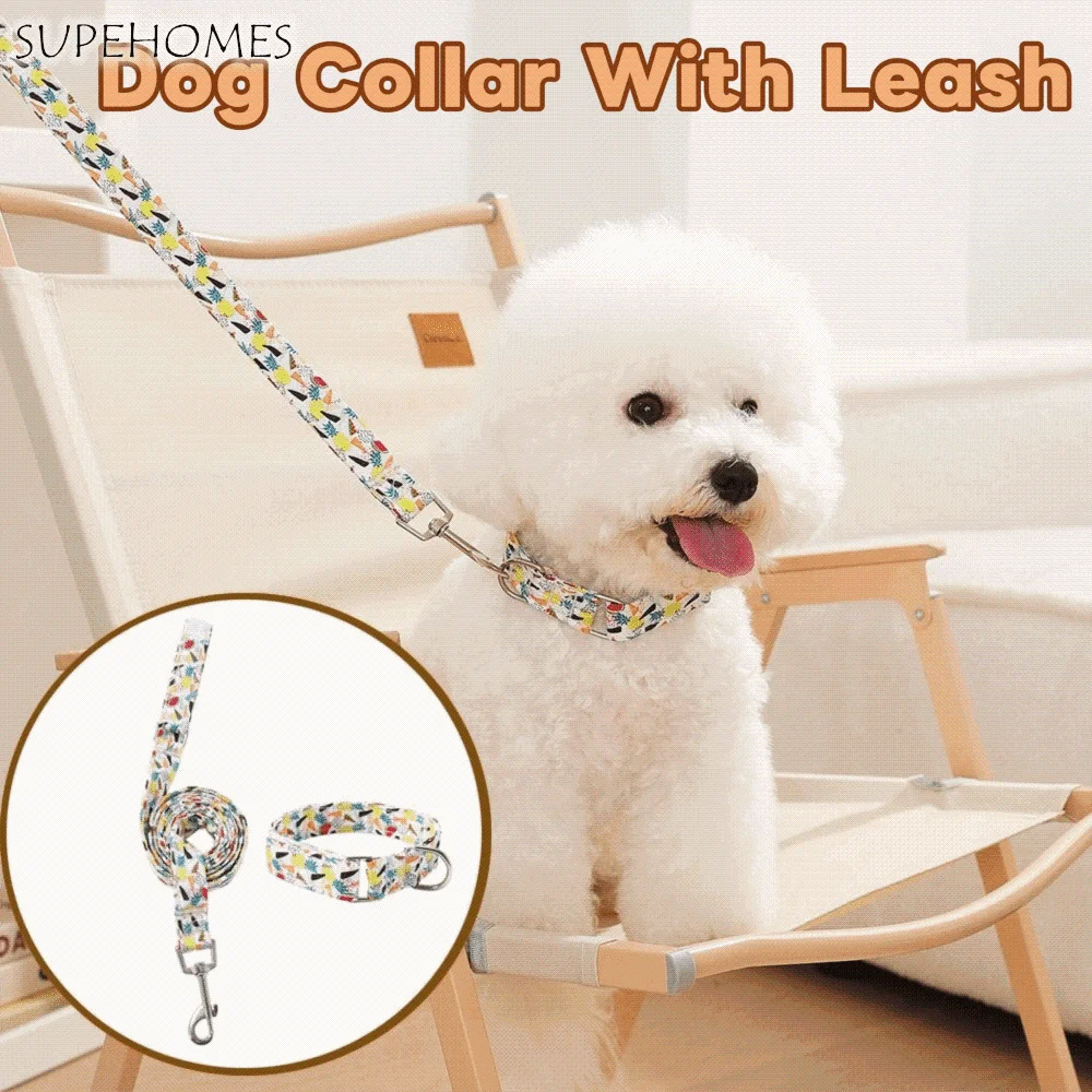 

Flower Print Dog Collar with Leash Adjustable Thick Rope Dog Collar Leash Set Easy to Use Wristband Design Pet Collars Combo