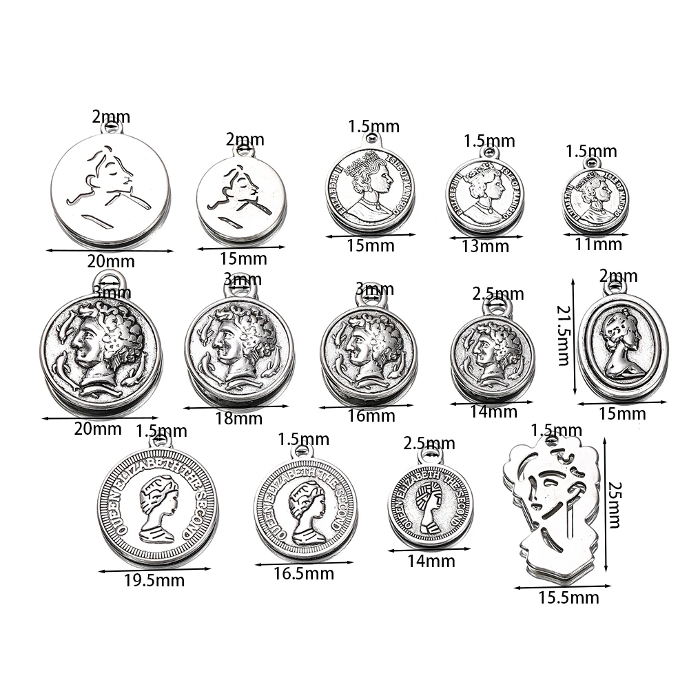 4Pcs Antique Silver Alloy Charms 3D Round Portrait Coin Charms Pendants For DIY Fashion Necklace Jewelry Making Accessories