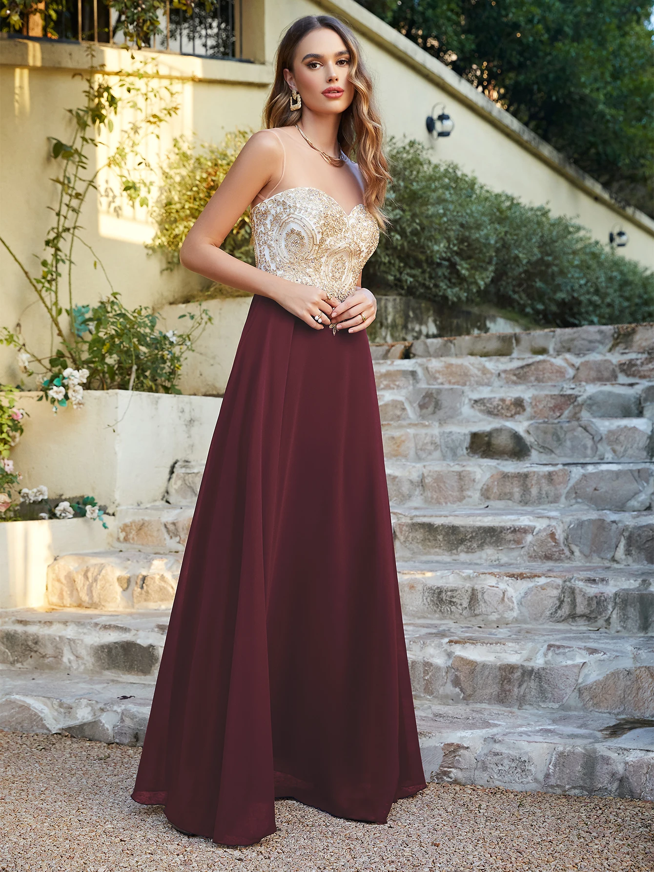 Women Evening Dresses Illusion Sweetheart Backless Zipper Gold Appqulies A Line Wedding Guest Bridesmaid Long Formal Gown