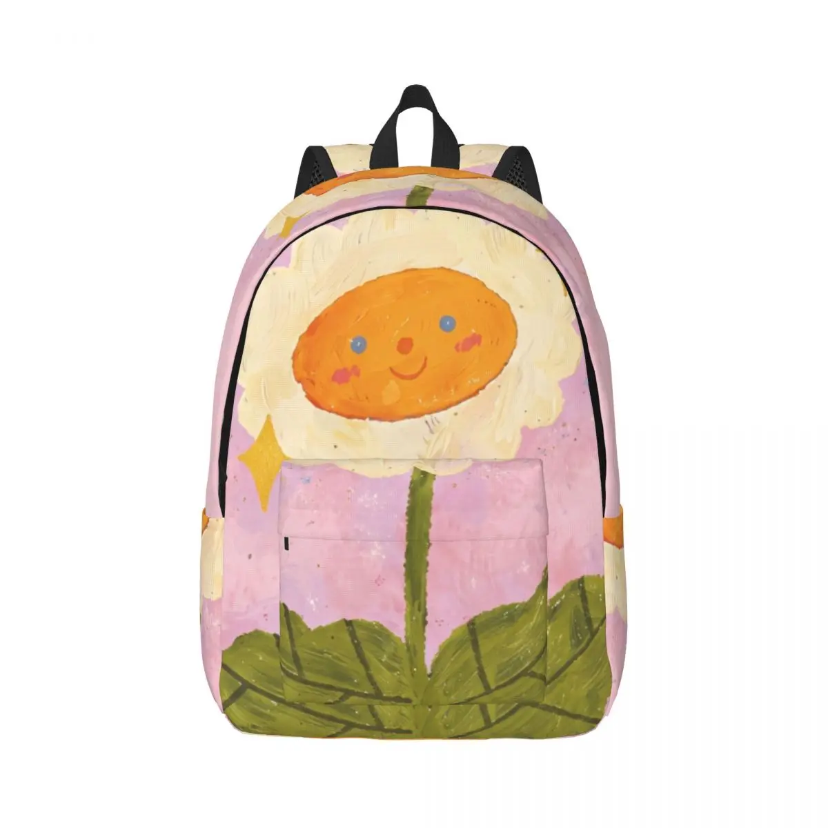 Heart School Backpack Center Smiling Daisy Whimsical Illustration Solid Pink Multi Color Lightweight Backpack for Spring School