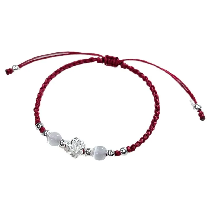 2025 New Style 999 Pure Silver Lotus Red String Handwoven Niche Chinese Style Best Friend Festival Gift