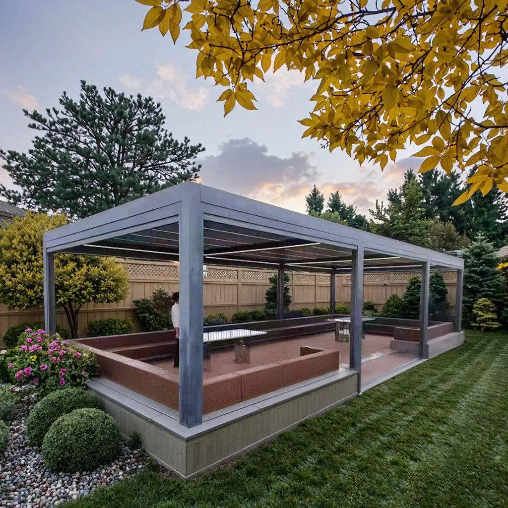 Eco Friendly Outdoor Garden Pavilion High Quality Heavy Duty Aluminum Awning with LED Lights and Blinds Intelligent Pergola