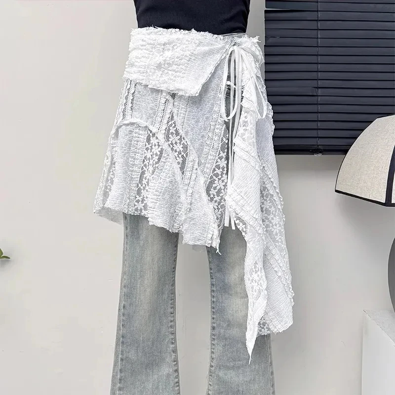 

Skirts Women French Irregular Lace Up Hollow Hook Flower A Line Mini Skirt 2025 Spring Fashion Y2k Sweet Faldas Vintage